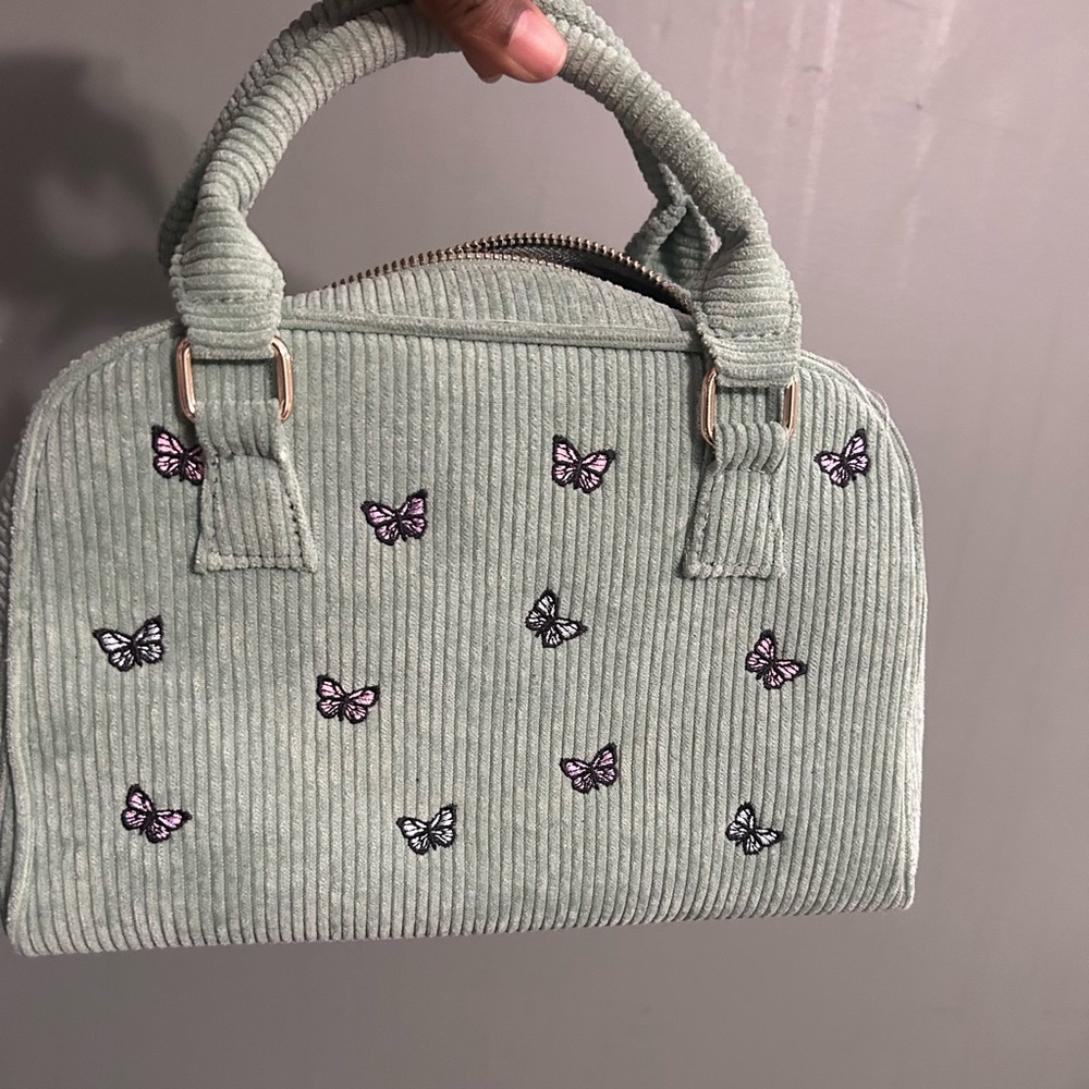 Mint Green Corduroy Mini Top-Handle Bag with Butterfly Embroidery